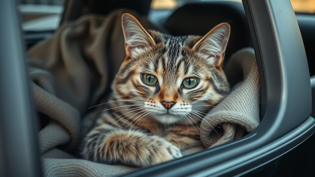 Distressed domestic cat showing anxiety during a car ride, hiding in a carrier