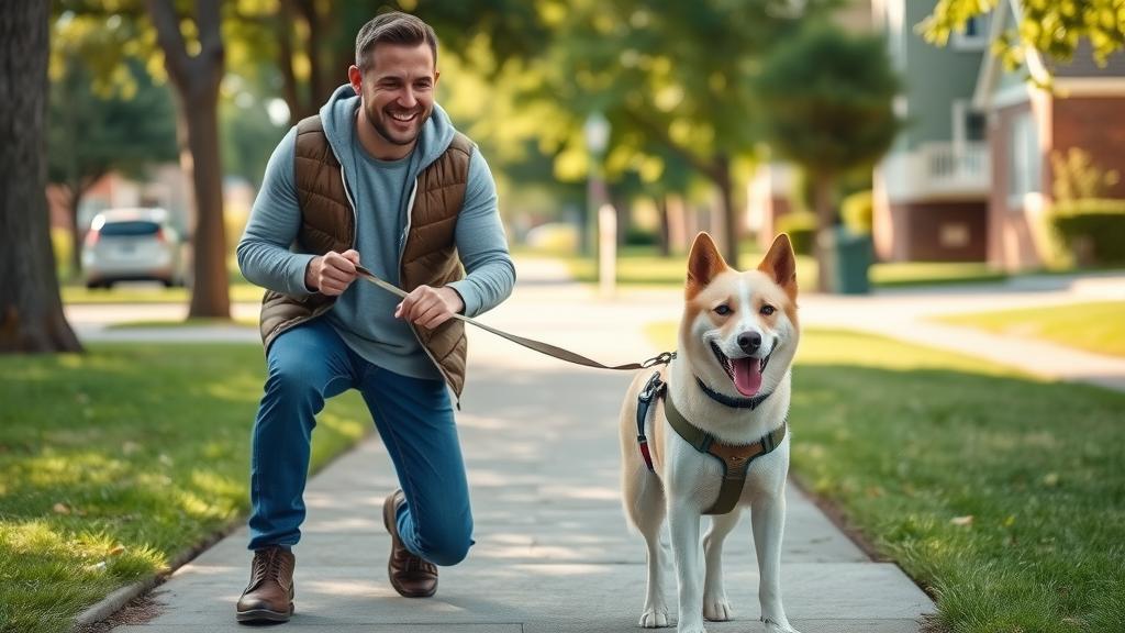 happy dog owner training medium-sized dog on a leash, suburban sidewalk, how do i teach my dog to walk on a leash