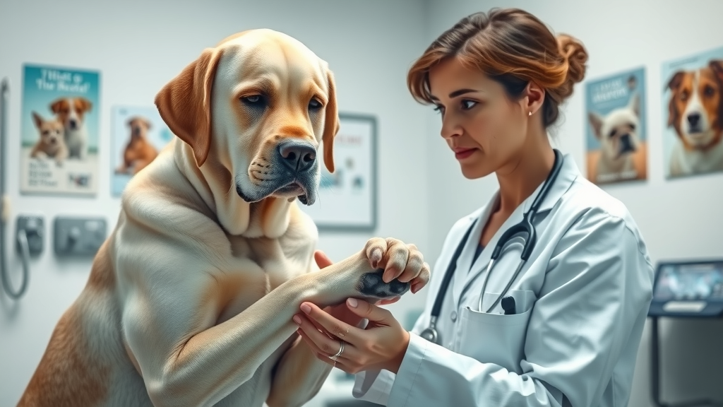 vet examining aggressive dog for health problems, canine aggression, senior labrador paw inspection