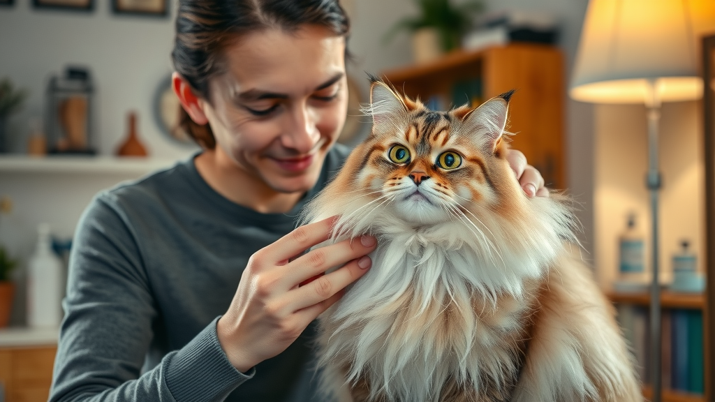 Cat owner brushing a long-haired cat to reduce hairballs in cats and prevent loose hair ingestion