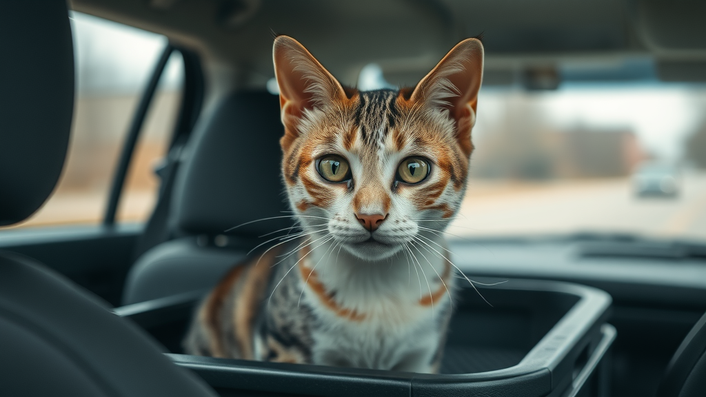 anxious domestic short-haired cat in a carrier in the back seat of a car, showing cat car travel stress