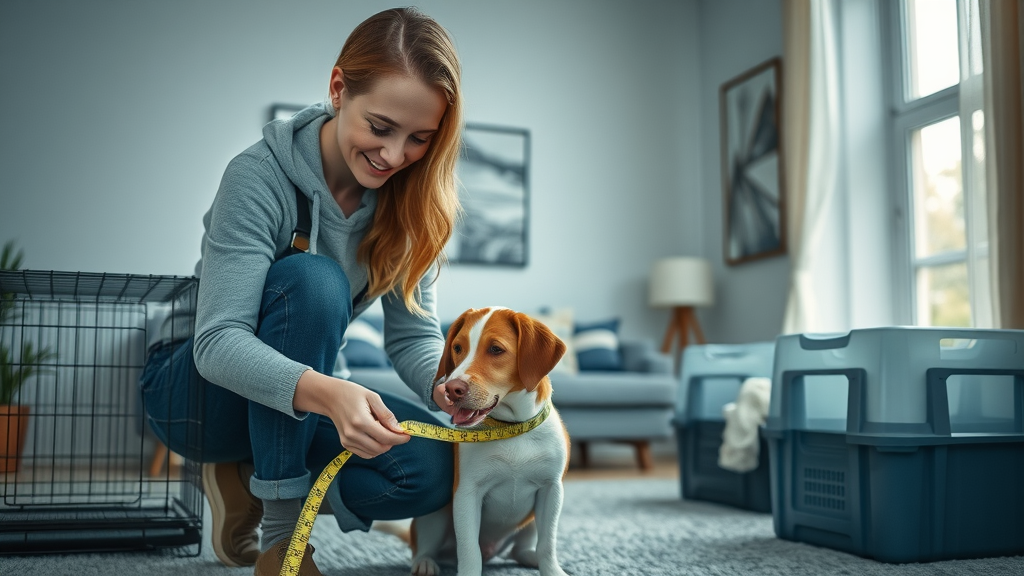 crate training for dogs: thoughtful pet owner measuring dog and crate, comparing wire, plastic, soft-sided, modern living room, diffused daylight
