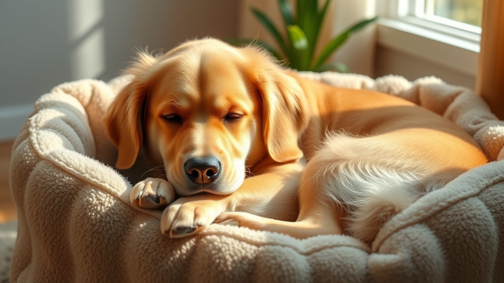 peaceful adult Golden Retriever content and relaxed curled up in cozy dog bed dog sleep health natural daylight