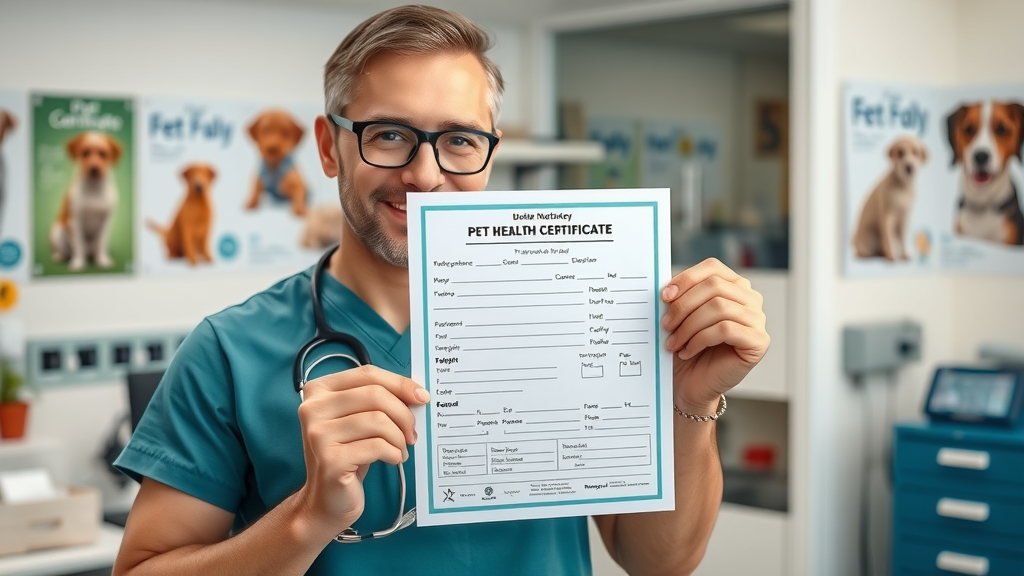 accredited veterinarian displaying completed pet health certificate, smiling, vaccination records visible, professional clinic environment, photorealistic