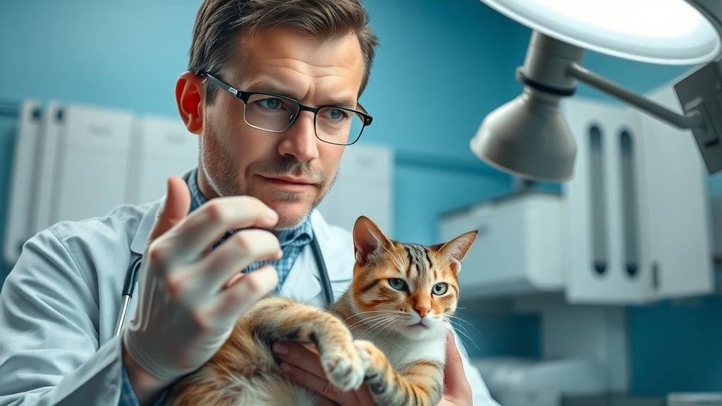 Vet examining cat hair loss under lamp for health issues