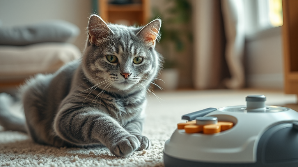 elderly gray cat pawing an interactive puzzle toy, what toys do cats enjoy most for seniors