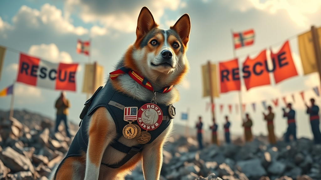 majestic rescue dog wearing service vest with medals, the dog that saved my life, disaster site, hero dogs celebrated