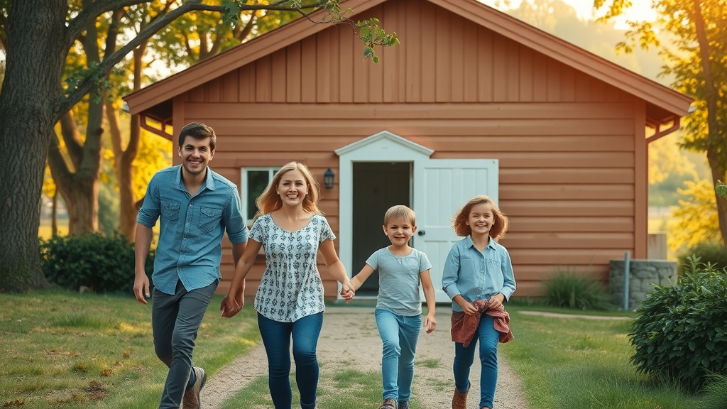 Hopeful family approaching a cozy animal shelter, shelter building surrounded by trees and gentle sunlight, the day we rescued our dog