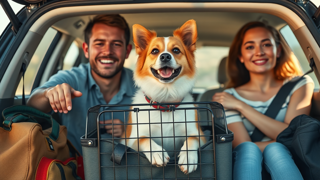 crate training for dogs: family preparing for a road trip, dog in travel crate, happy expression, secured in car, travel bags, natural daylight
