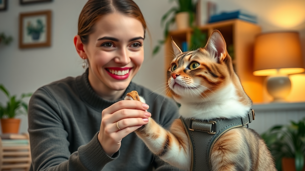 Cat owner offering treat to attentive cat wearing a harness, expert strategies for leash training your cat.