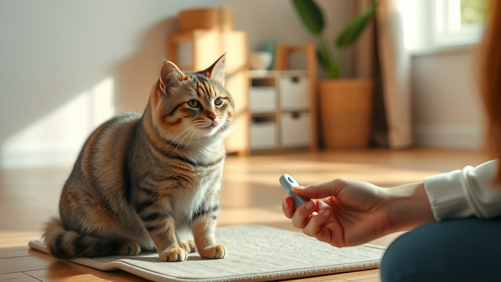 Organized cat training setup clicker treats relaxed attentive adult cat, training your cat, how do i teach my cat to come when called