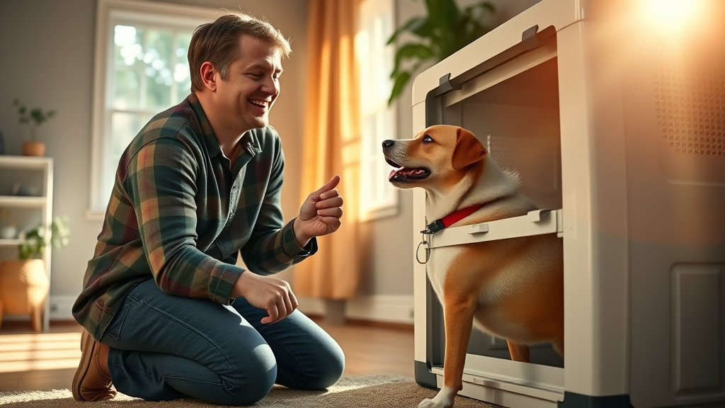 crate training for dogs: dog owner using positive reinforcement, giving treat to dog entering crate, home setting, golden tones, sunlight