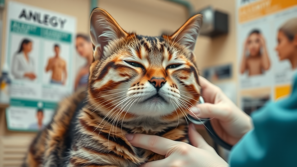 Comforted tabby cat examined by vet for skin allergies, discussing grain-free cat food benefits for sensitive cats, surrounded by allergy posters and veterinary products