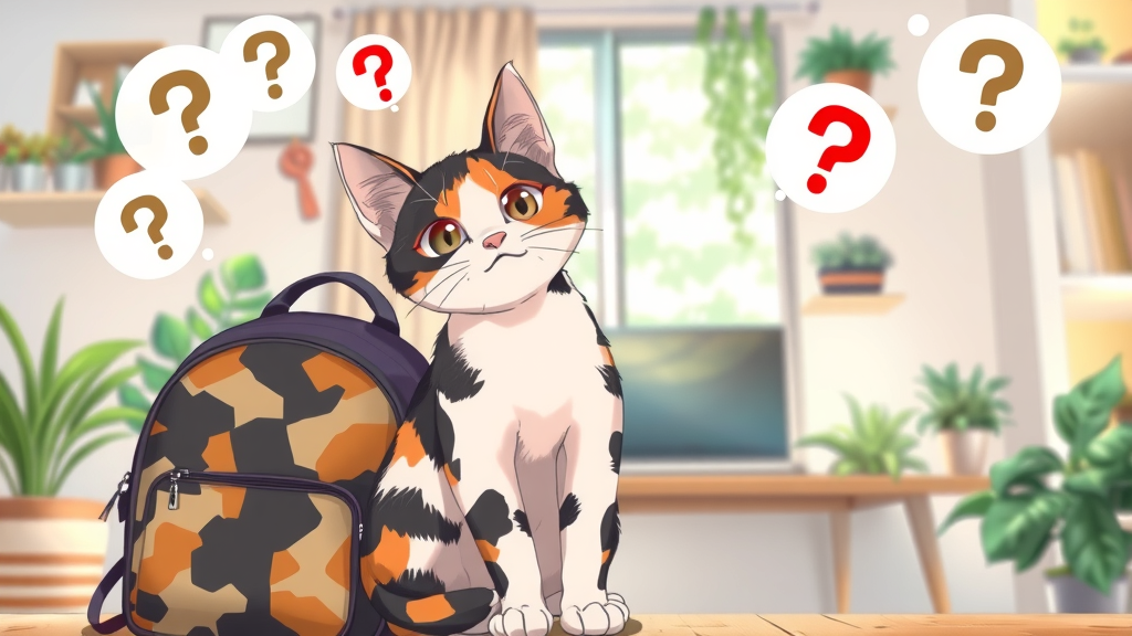 playful calico cat beside stylish cat backpack with clear window, inquisitive. questions about cat backpacks for adventurous and larger cats