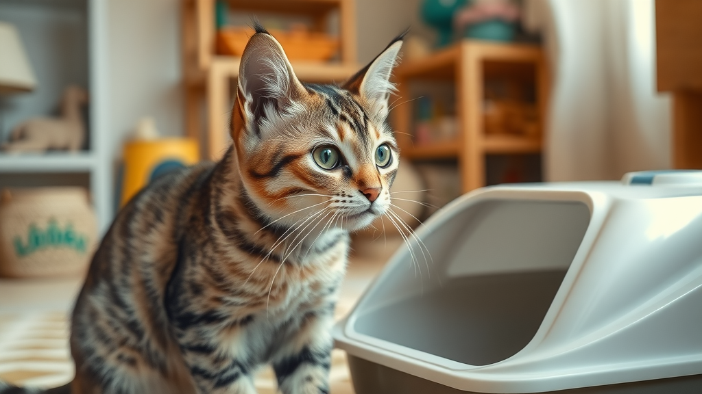 Curious domestic short-haired cat observing a litter box, symptoms of a cat UTI
