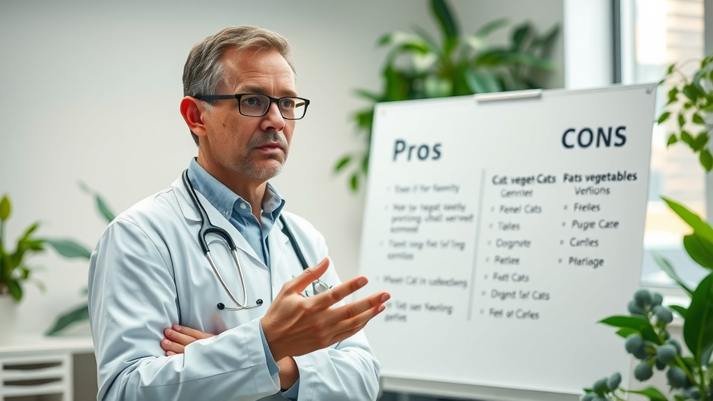 thoughtful veterinarian presenting pros and cons list for feeding cats vegetables illustrating the balanced perspective on can cats eat vegetables