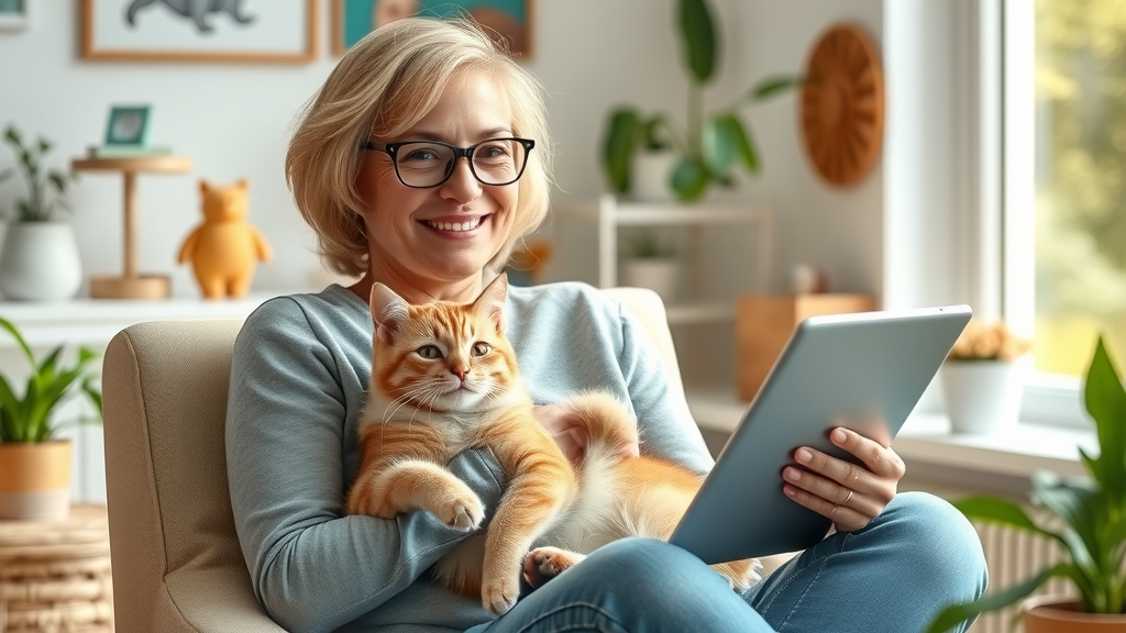 pet owner with indoor cat and tablet reading cat care newsletter, tips to prevent cat boredom, do cats get bored indoors?