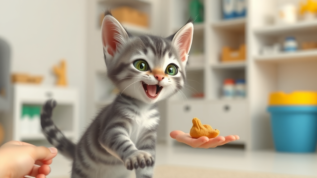 Playful grey tabby kitten reaching paw toward treat in human hand, cat training, how do i teach my cat to come when called