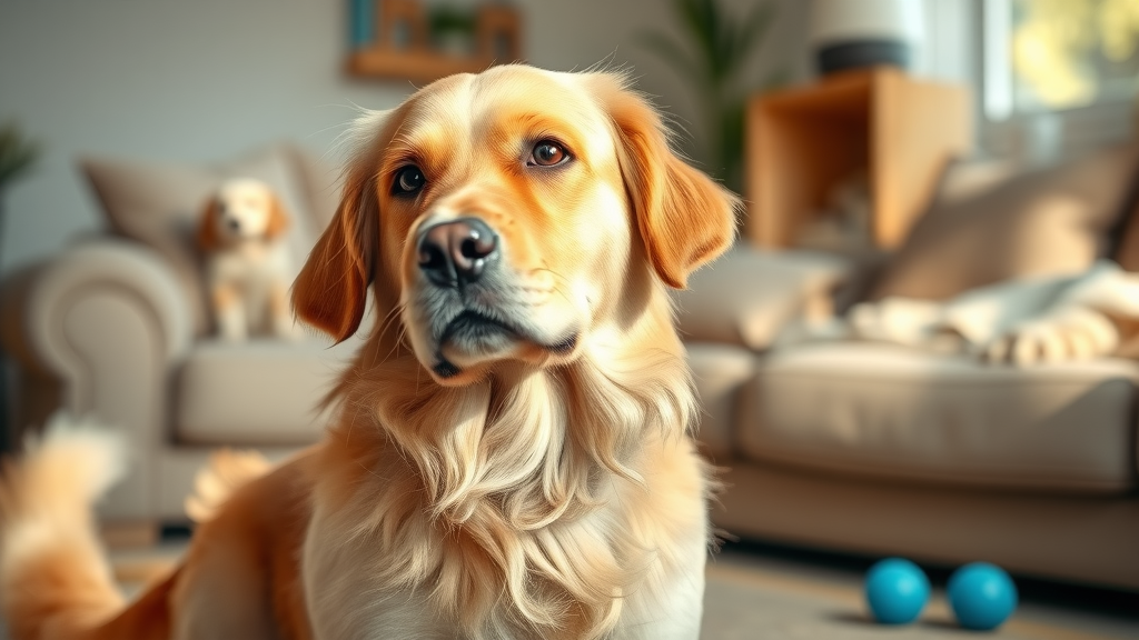 curious golden retriever wagging tail photorealistic cozy home living room