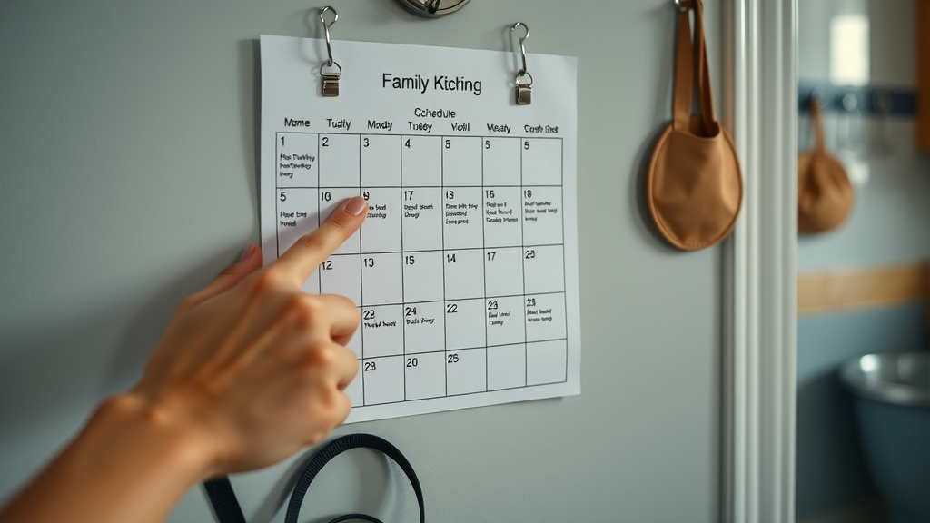 puppy potty training schedule on family wall calendar in kitchen with leash and bowl