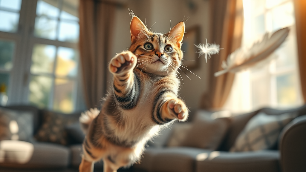 playful tabby cat leaping to catch a feather wand in cozy living room, main keyword: what toys do cats enjoy most?