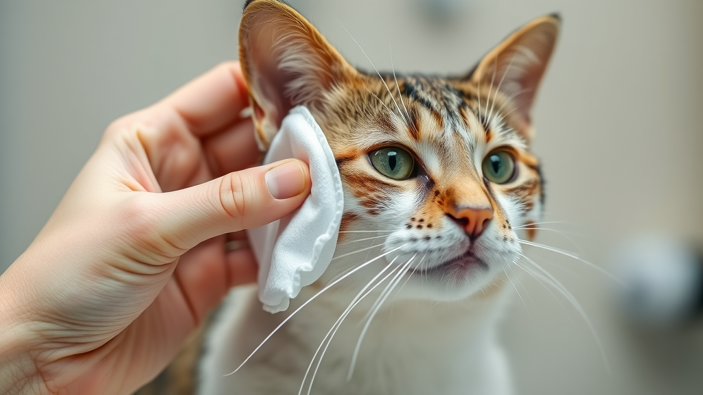 hand using cotton pad to clean cat ear, gentle cat ear cleaning, approved ear cleaner, vet safe method