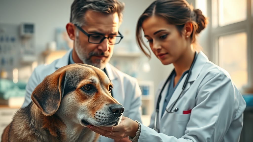 Concerned veterinarian examining a dog for what are signs my dog is sick