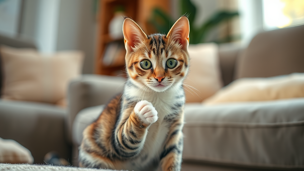 Curious domestic shorthair cat licking its paw, visible cat hair on furniture, what causes hairballs in cats?
