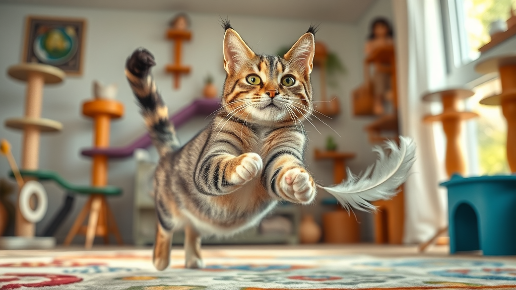 playful tabby cat chasing feather toy for enrichment to stop cat meowing