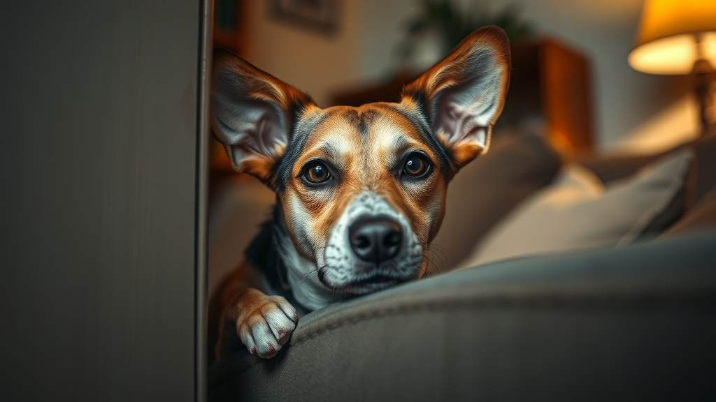 anxious dog hiding behind furniture, signs dog is sick, behavioral signs