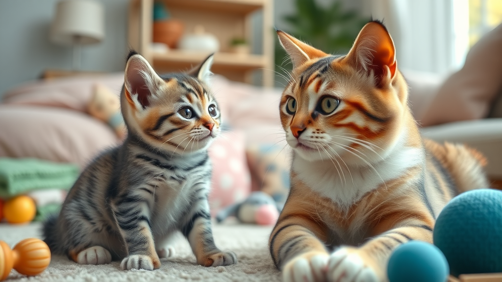 kitten and adult cat meeting, showing the differences between adopting each