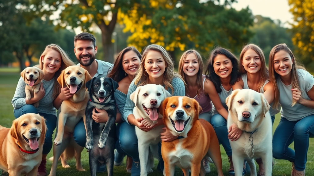 Joyful group of dog owners with dogs at park learning about dog feeding chart
