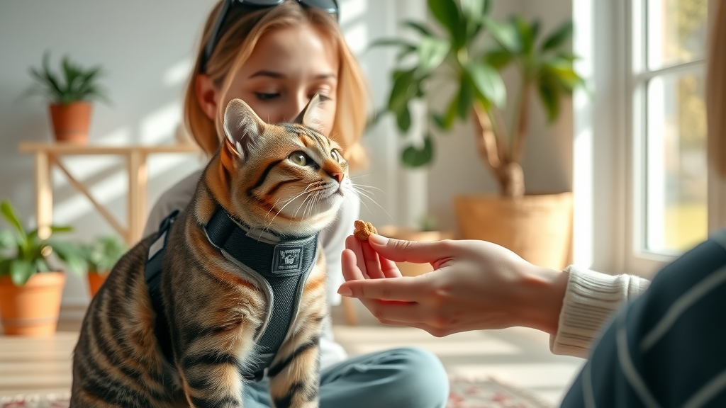 Owner giving treat to tabby cat wearing harness after leash training session, photorealistic, positive reinforcement for leash training success