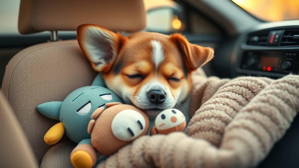 happy small dog cuddled with a plush toy and soft blanket in the car, relaxed expression, Photorealistic