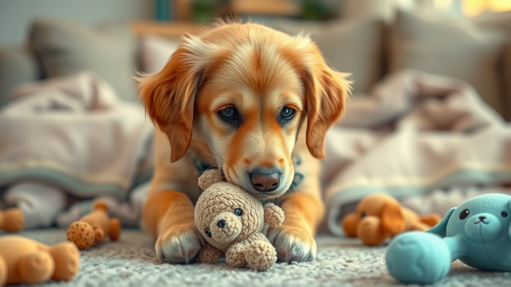 Curious golden retriever dog investigating a plush toy - why does my dog hump everything?
