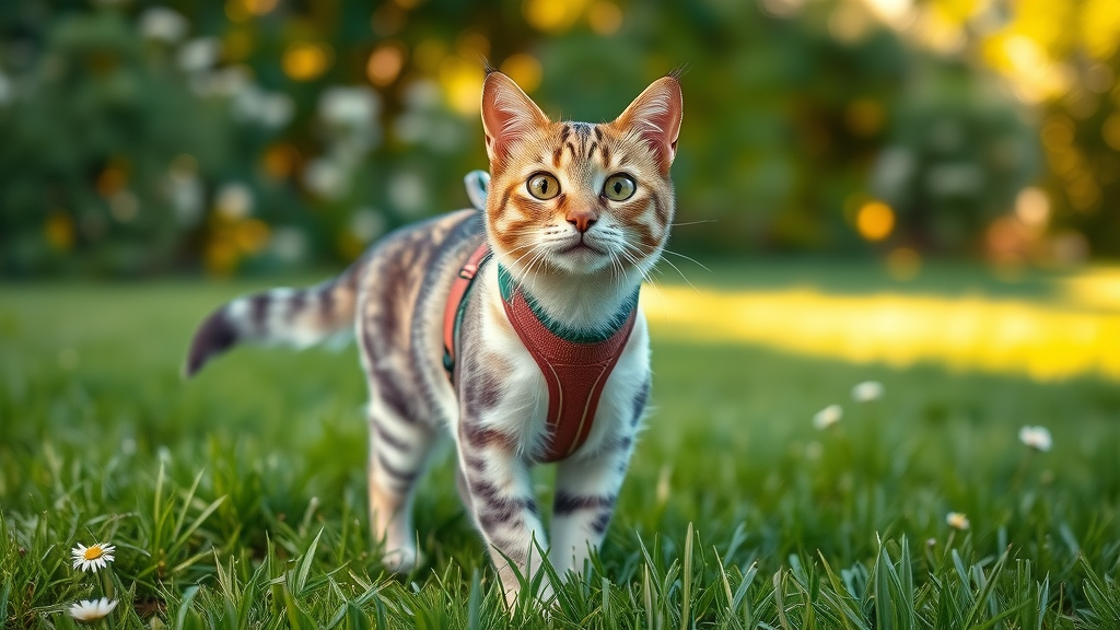 cat to walk on a leash, curious domestic short-haired cat wearing a harness standing on lawn
