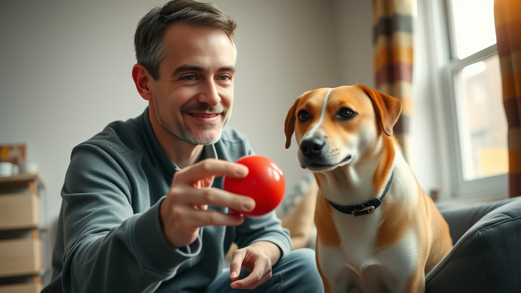 Dog owner calmly redirecting dog with toy - minimizing dog humping behavior