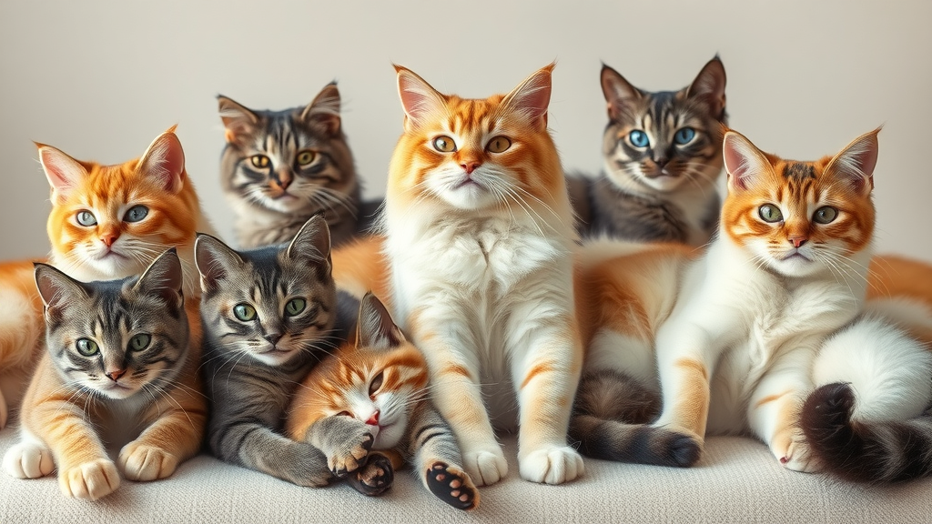 Group of diverse cat breeds highlighting those more susceptible to hairballs in cats