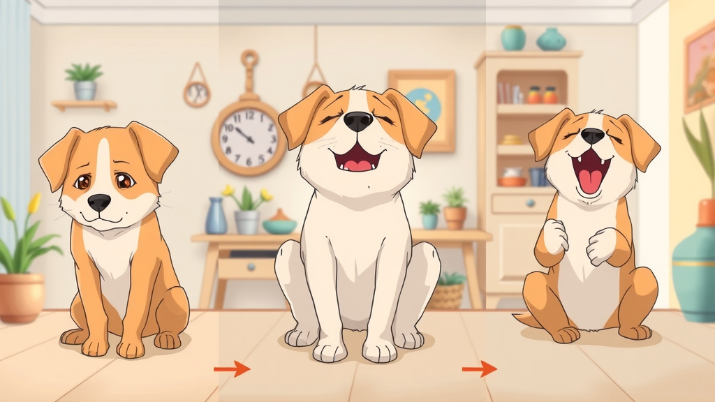 Three stages of the rescue dog transition 3-3-3 rule: nervous, relaxed, playful dog at home