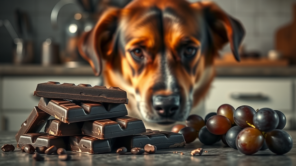 realistic chocolate bars and scattered grapes near curious dog, toxic foods for dogs