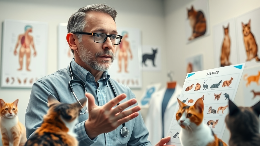 veterinarian explains cat boredom in a modern clinic with curious cats listening, cat boredom chart, do cats get bored indoors?