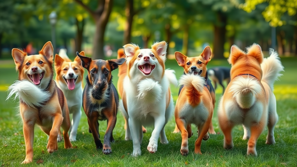 variety of dogs displaying diverse tail wagging styles in park photorealistic