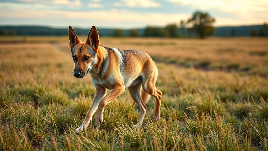 wild dog circling before lying down, survival behavior, wild ancestry, tall grass