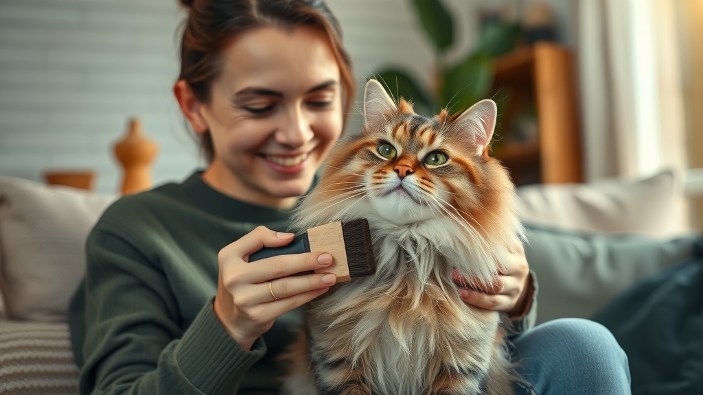 Reduce shedding: Cat owner brushing fluffy cat, visible hair on furniture