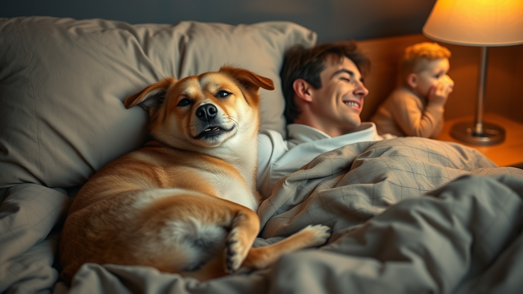 Happy dog curled up next to a relaxed owner in bed, emphasizing benefits of dog sleep in your bed. Main keyword: sleep in your bed