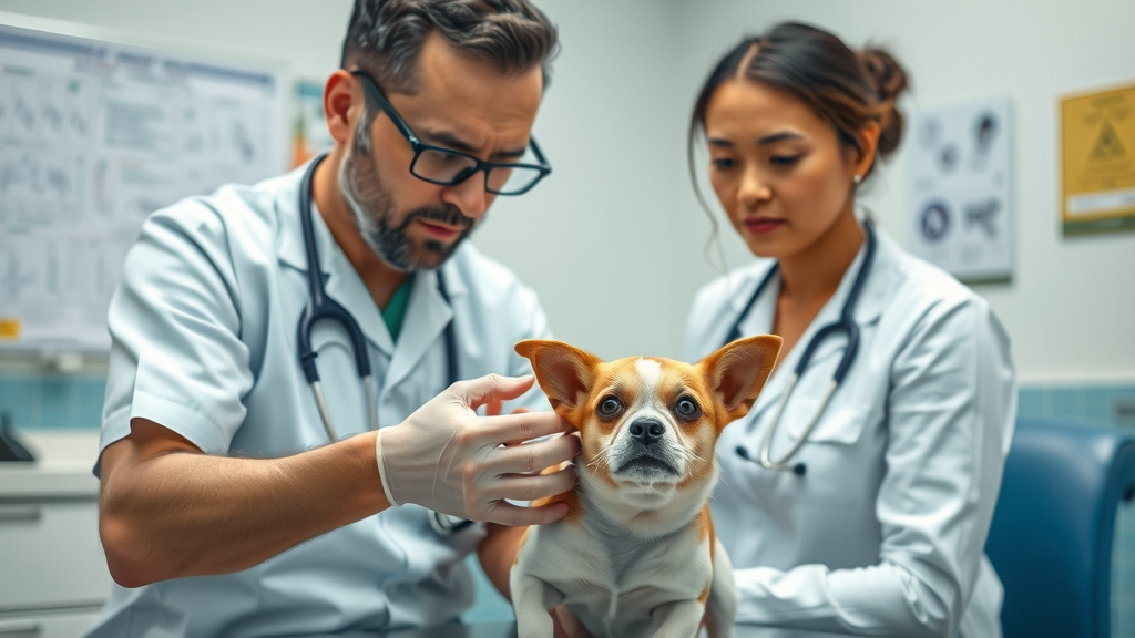 veterinarian examining small dog as owner watches, veterinary attention for dog lick behavior