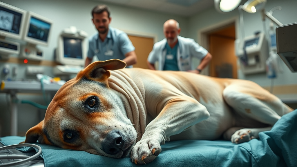 urgent emergency vet scene, large dog lying with worried owner and vet, vomiting due to foreign bodies or toxins