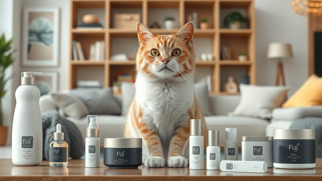 sleek modern cat products arranged in a stylish apartment setting with compact furniture