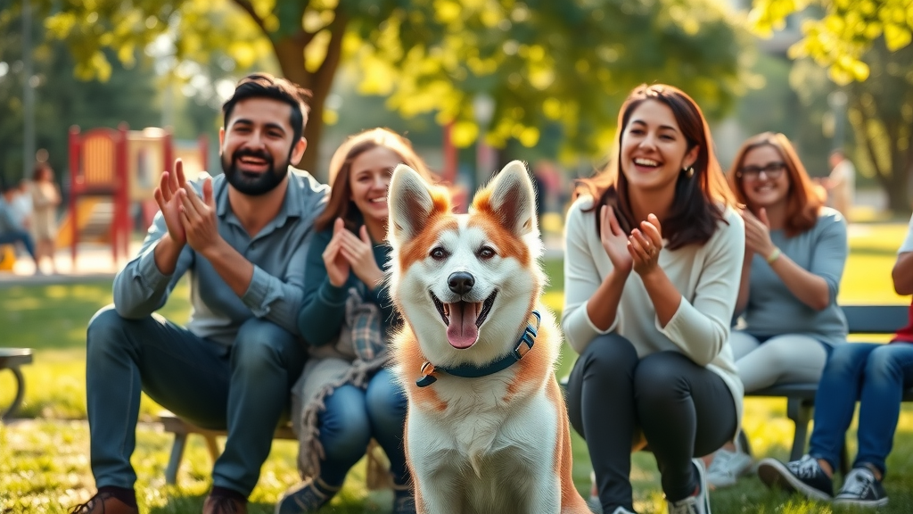 happy dog family watching a successful recall session in a sunny city park