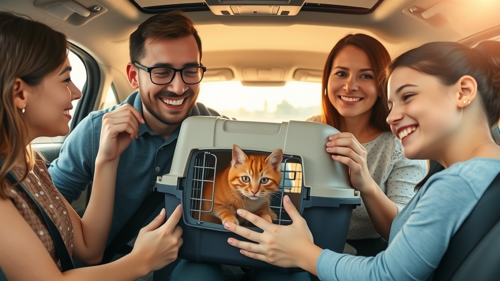 happy family buckling hard plastic cat carrier into car